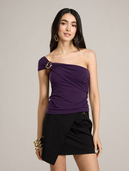 RSVP by Nykaa Fashion - Purple One Shoulder With Trim Detail Fitted Top