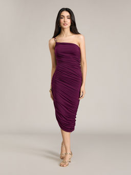 RSVP by Nykaa Fashion - Purple One Shoulder Asymmetric Hem Fitted Midi Dress With Golden Trim