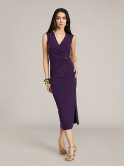 RSVP by Nykaa Fashion - Purple V Neck Mock Wrap Midi Dress With Trim Detail
