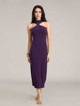 RSVP by Nykaa Fashion - Purple High Neck Sleeveless Fitted Midi Dress With Gold Trim