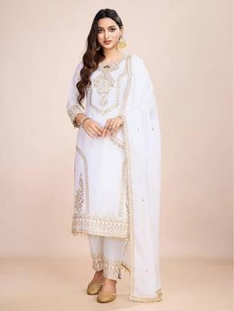 Anveri Textiles - White Anveri Elegant White Embroidered Kurta and pant with Dupatta