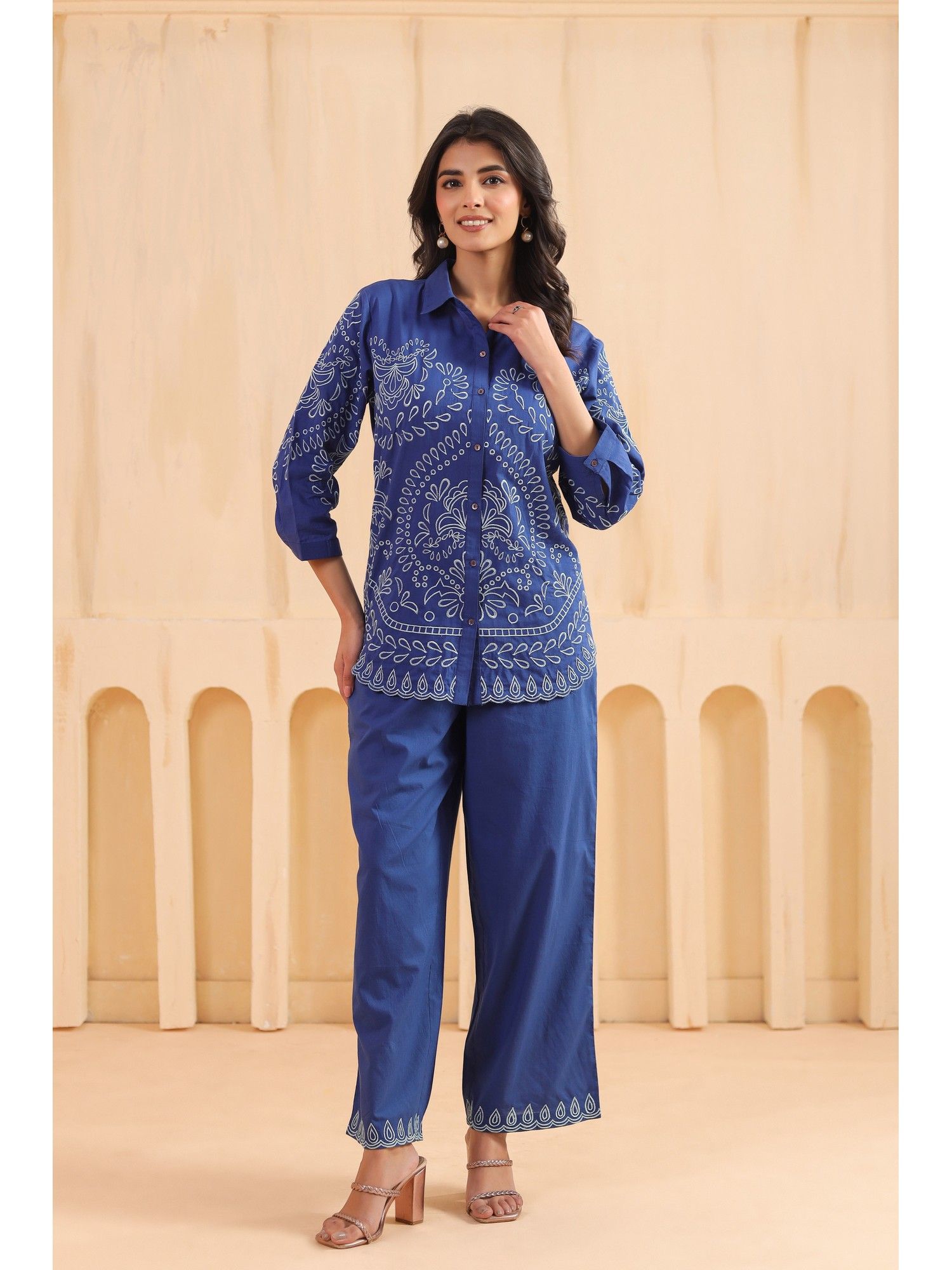Blue Cotton Embroidered Designer Co Ords Set