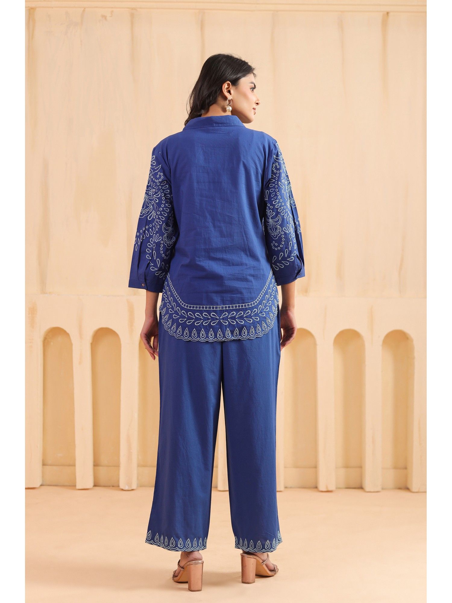 Blue Cotton Embroidered Designer Co Ords Set