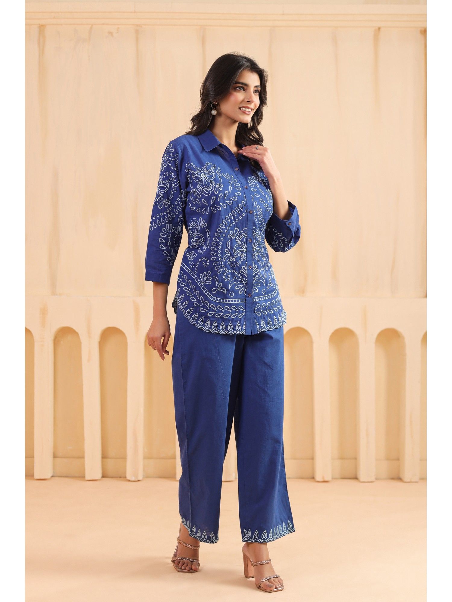 Blue Cotton Embroidered Designer Co Ords Set