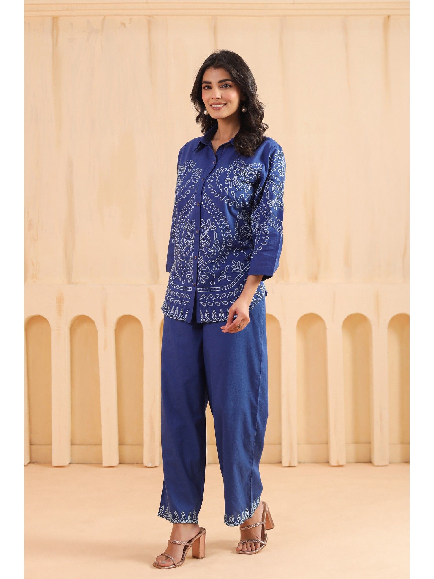 Blue Cotton Embroidered Designer Co Ords Set