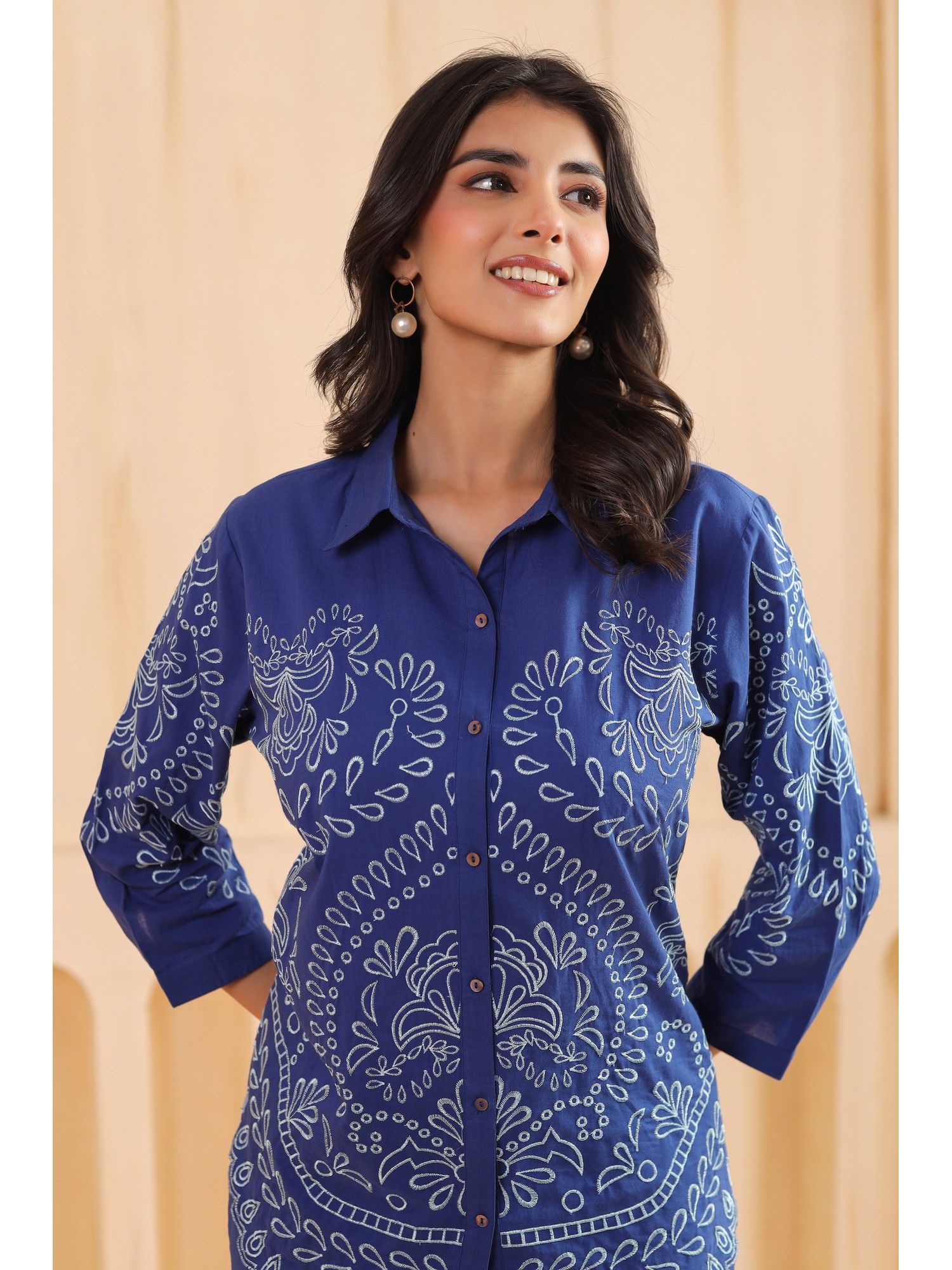Blue Cotton Embroidered Designer Co Ords Set