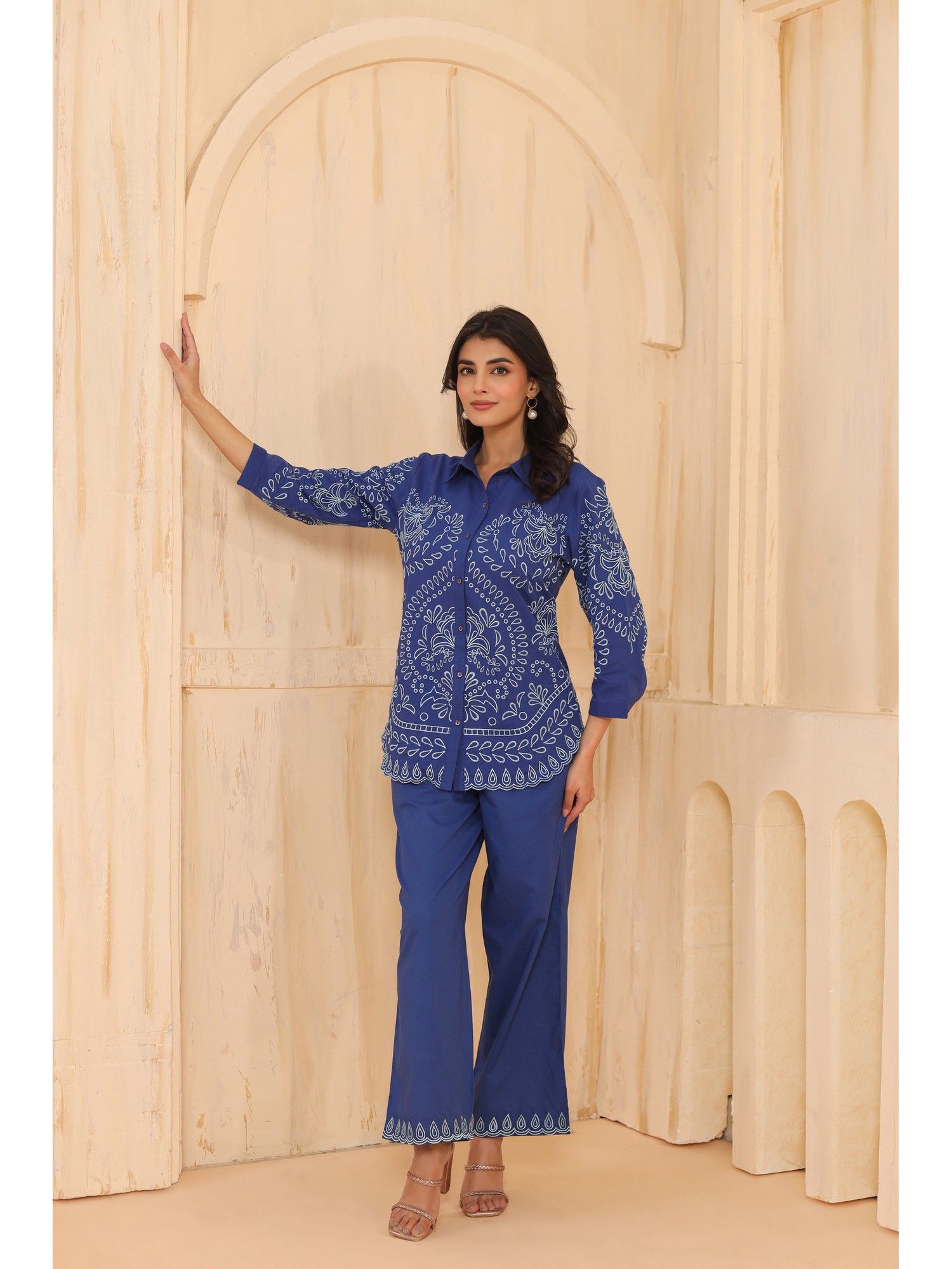 Blue Cotton Embroidered Designer Co Ords Set