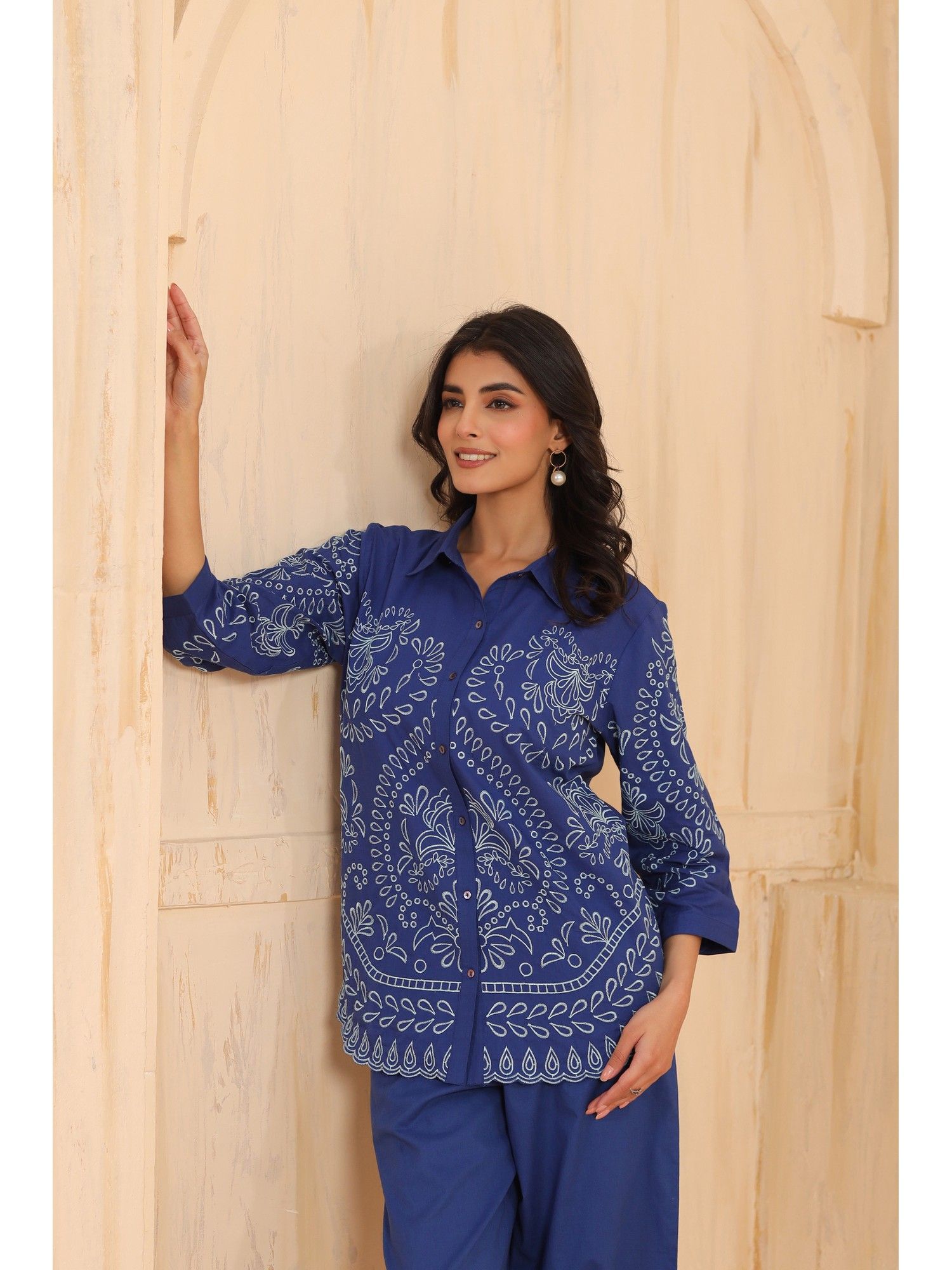 Blue Cotton Embroidered Designer Co Ords Set