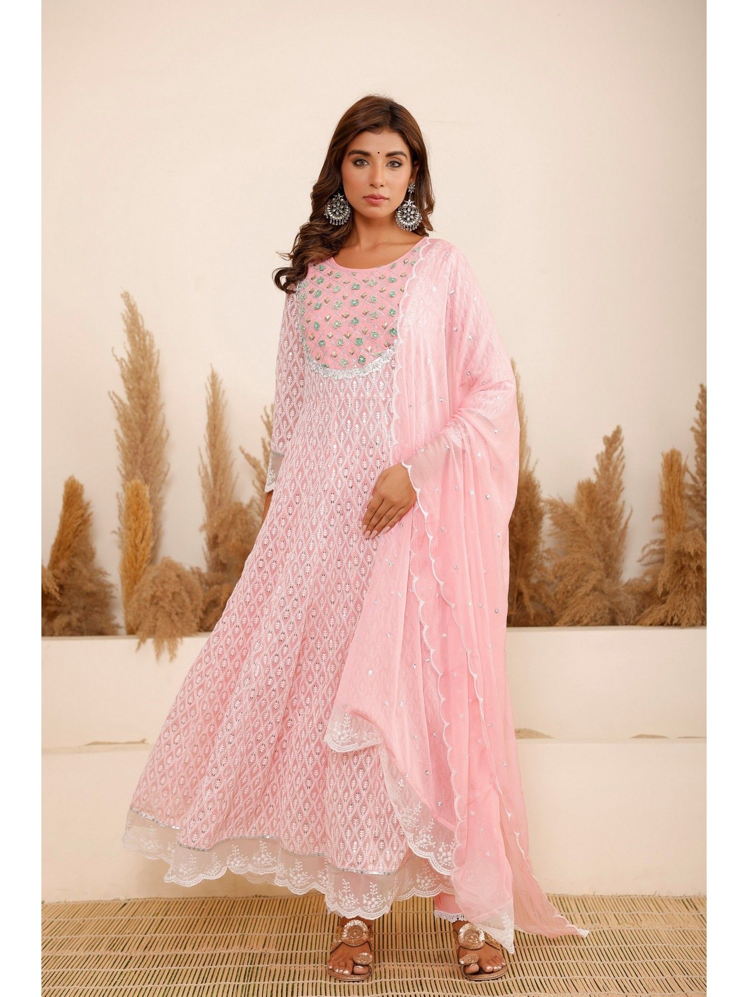 Embroidered Regular Sequinned Anarkali Kurta with Pant and With Dupatta