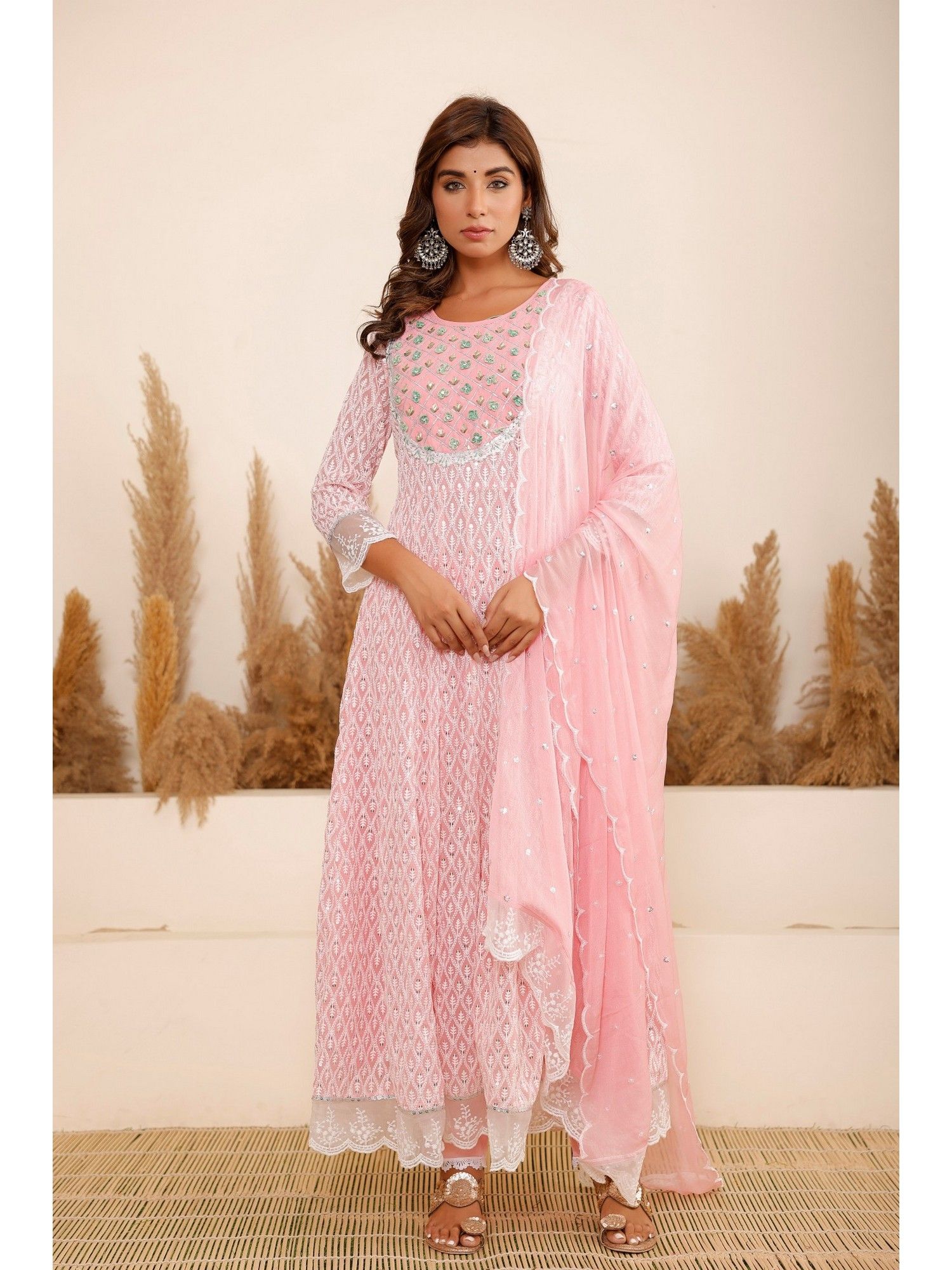 Embroidered Regular Sequinned Anarkali Kurta with Pant and With Dupatta