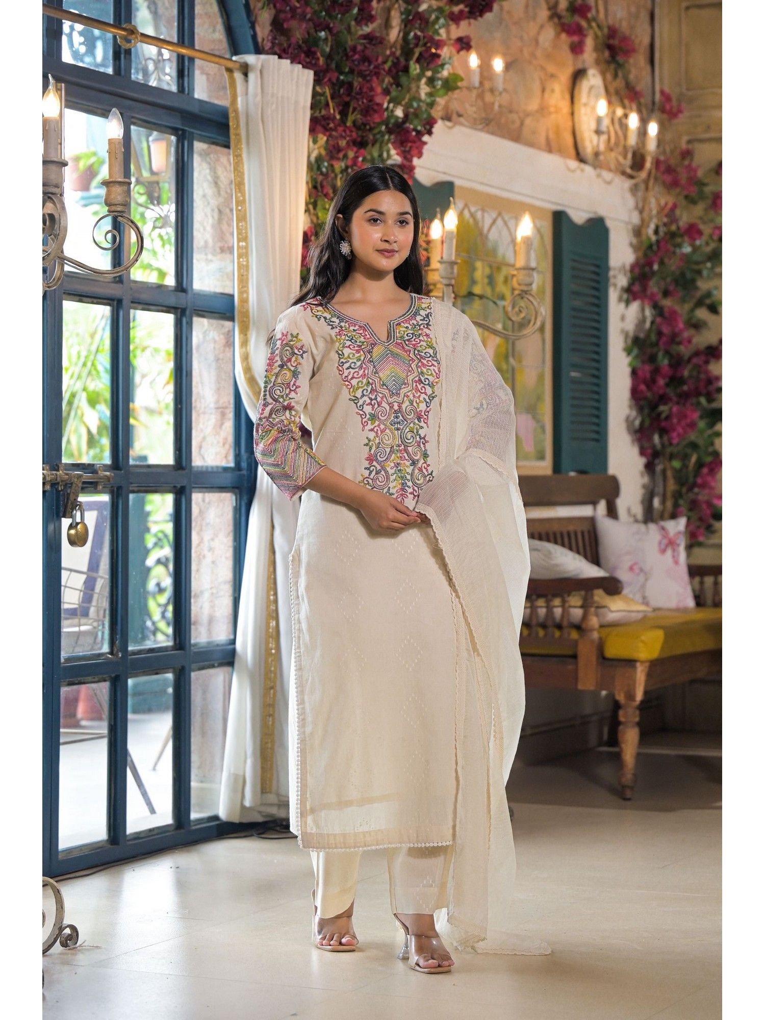 Embroidered Thread Work Pure Cotton Kurta with Pant and With Dupatta