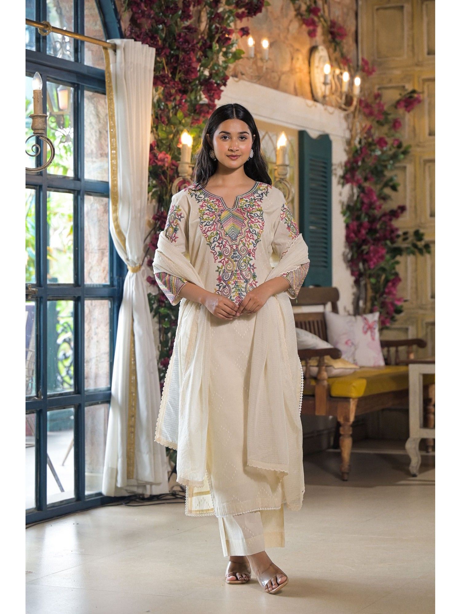 Embroidered Thread Work Pure Cotton Kurta with Pant and With Dupatta