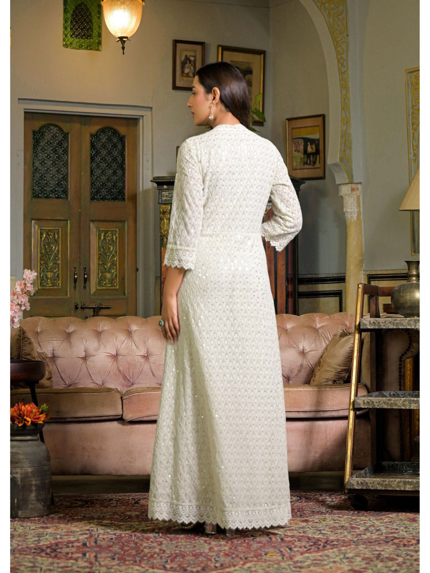 Floral Embroidered V-Neck Thread Work Pure Cotton A-Line Kurta With Pant