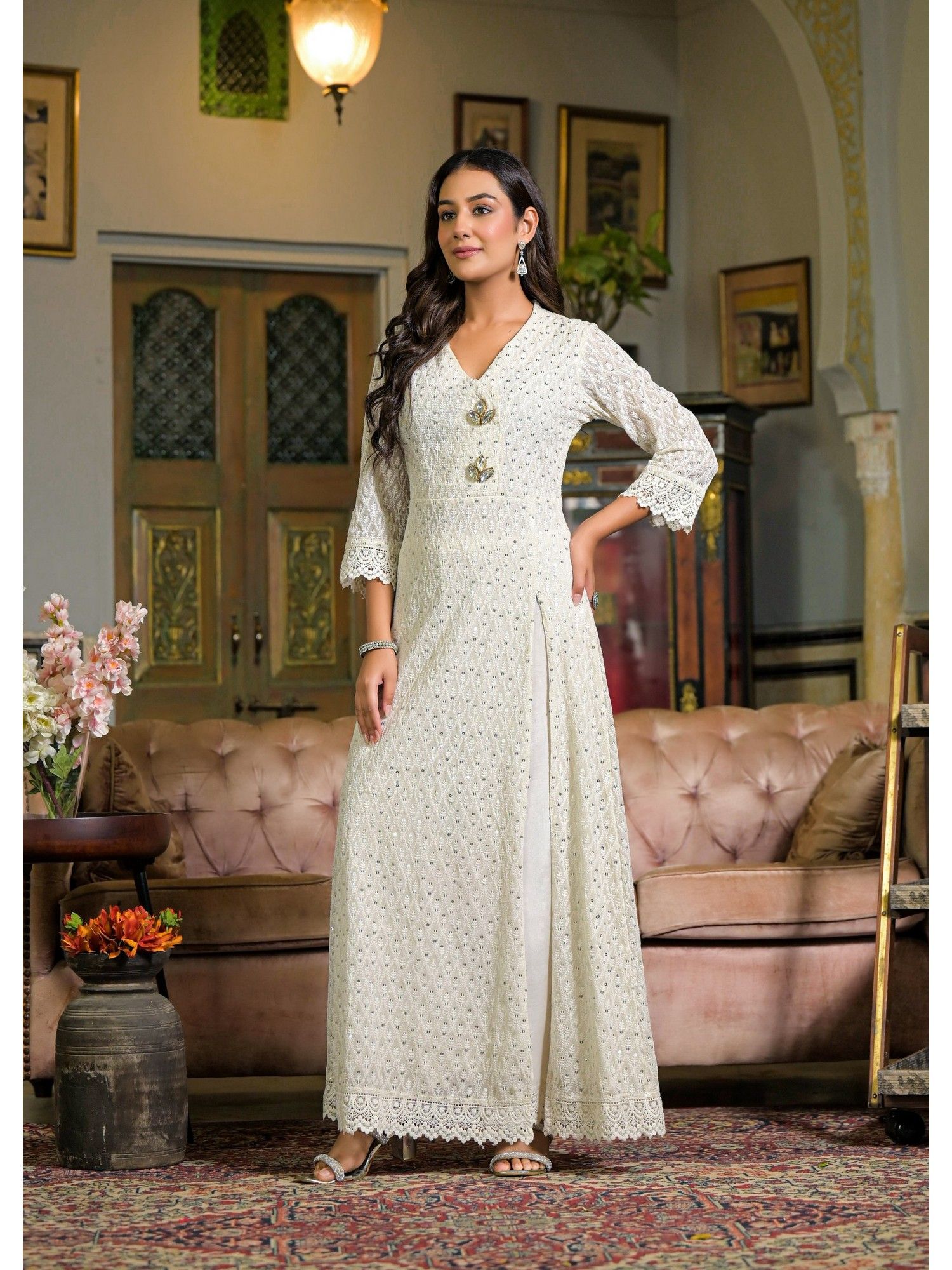 Floral Embroidered V-Neck Thread Work Pure Cotton A-Line Kurta With Pant