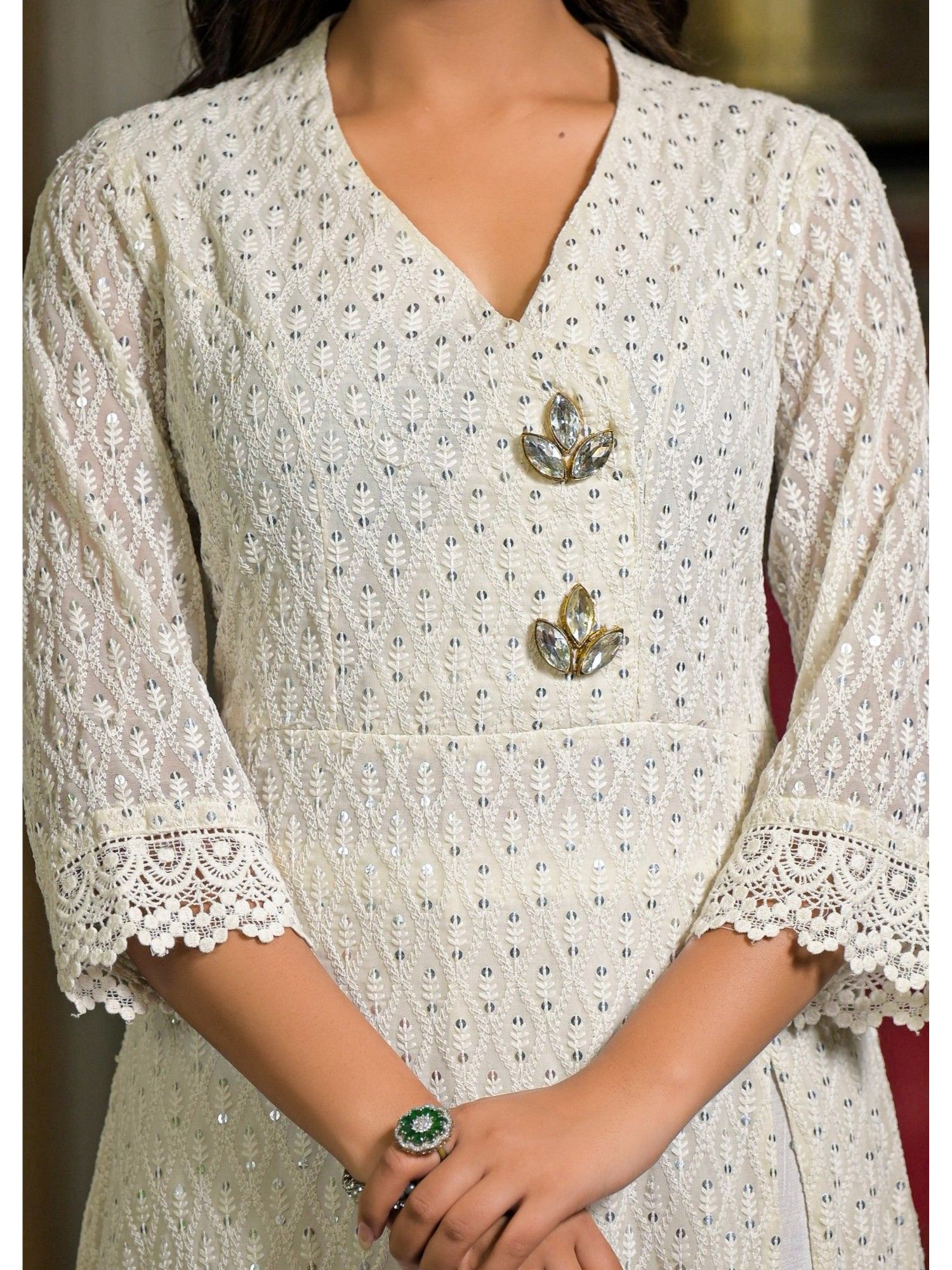 Floral Embroidered V-Neck Thread Work Pure Cotton A-Line Kurta With Pant