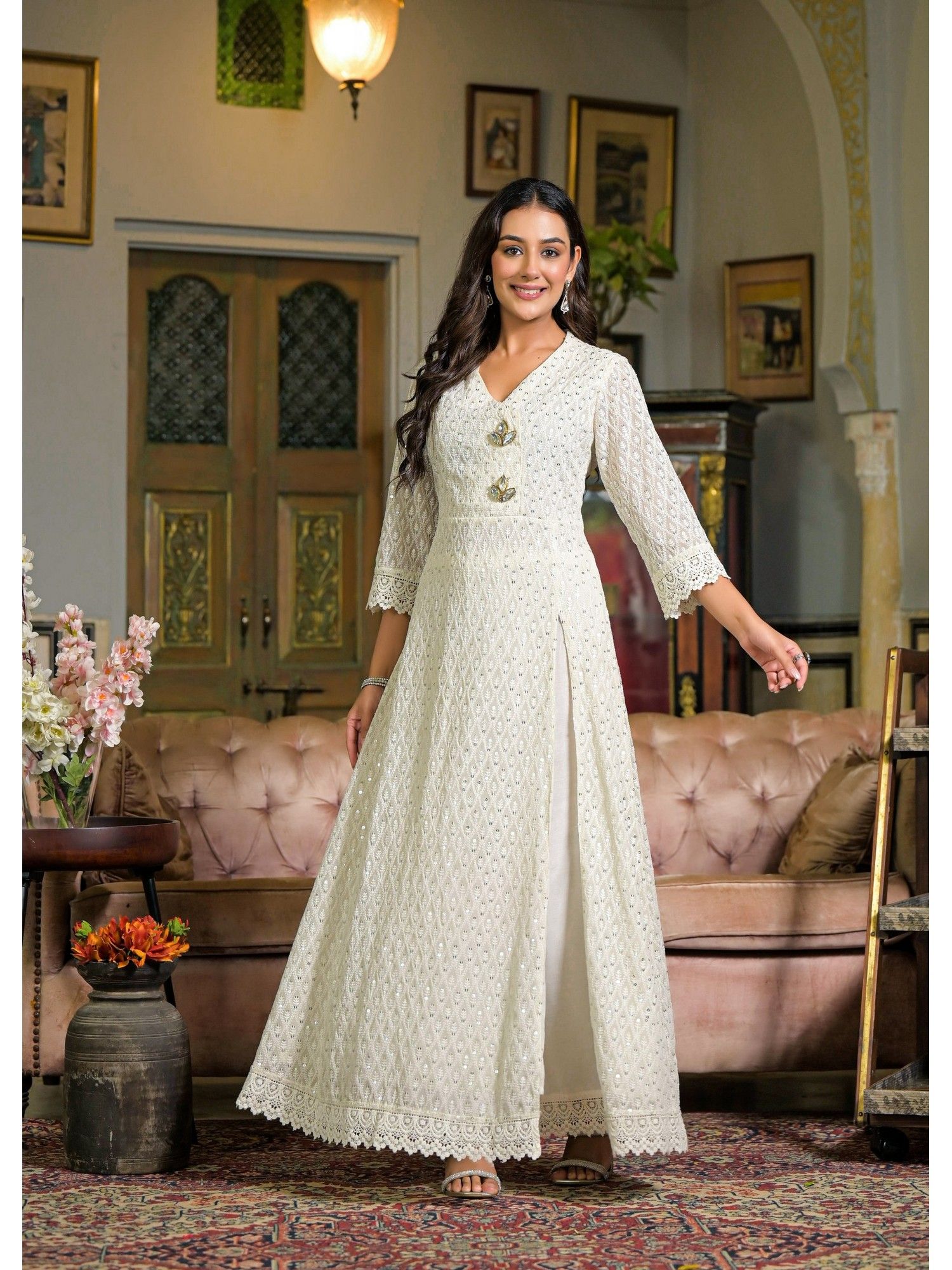 Floral Embroidered V-Neck Thread Work Pure Cotton A-Line Kurta With Pant
