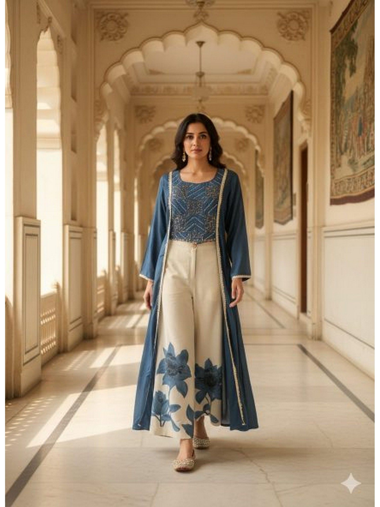 Embroidered Layered Thread Work Pure Cotton Kurta with Palazzo