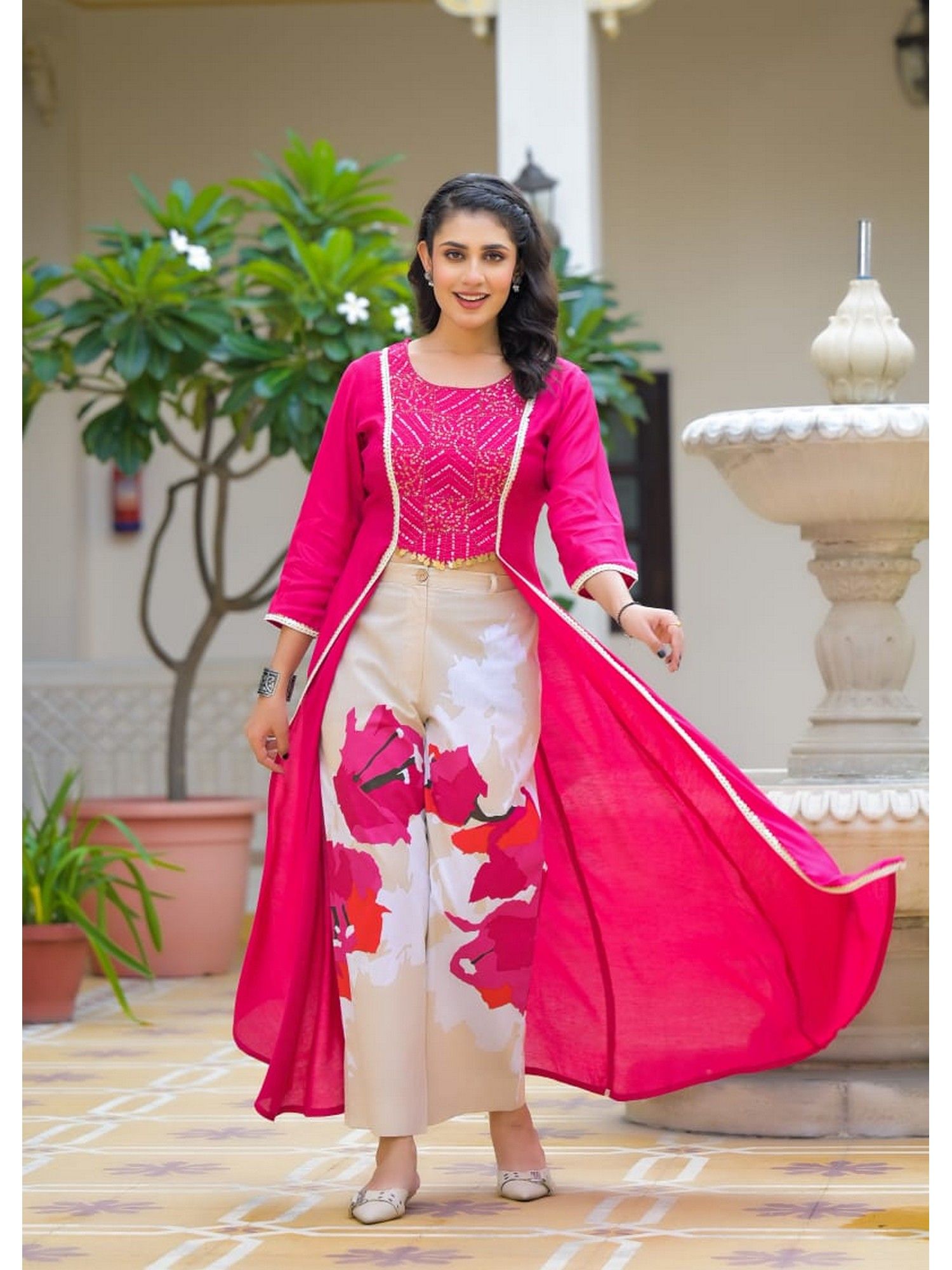 Floral Embroidered Layered Thread Work Kurta with Pant