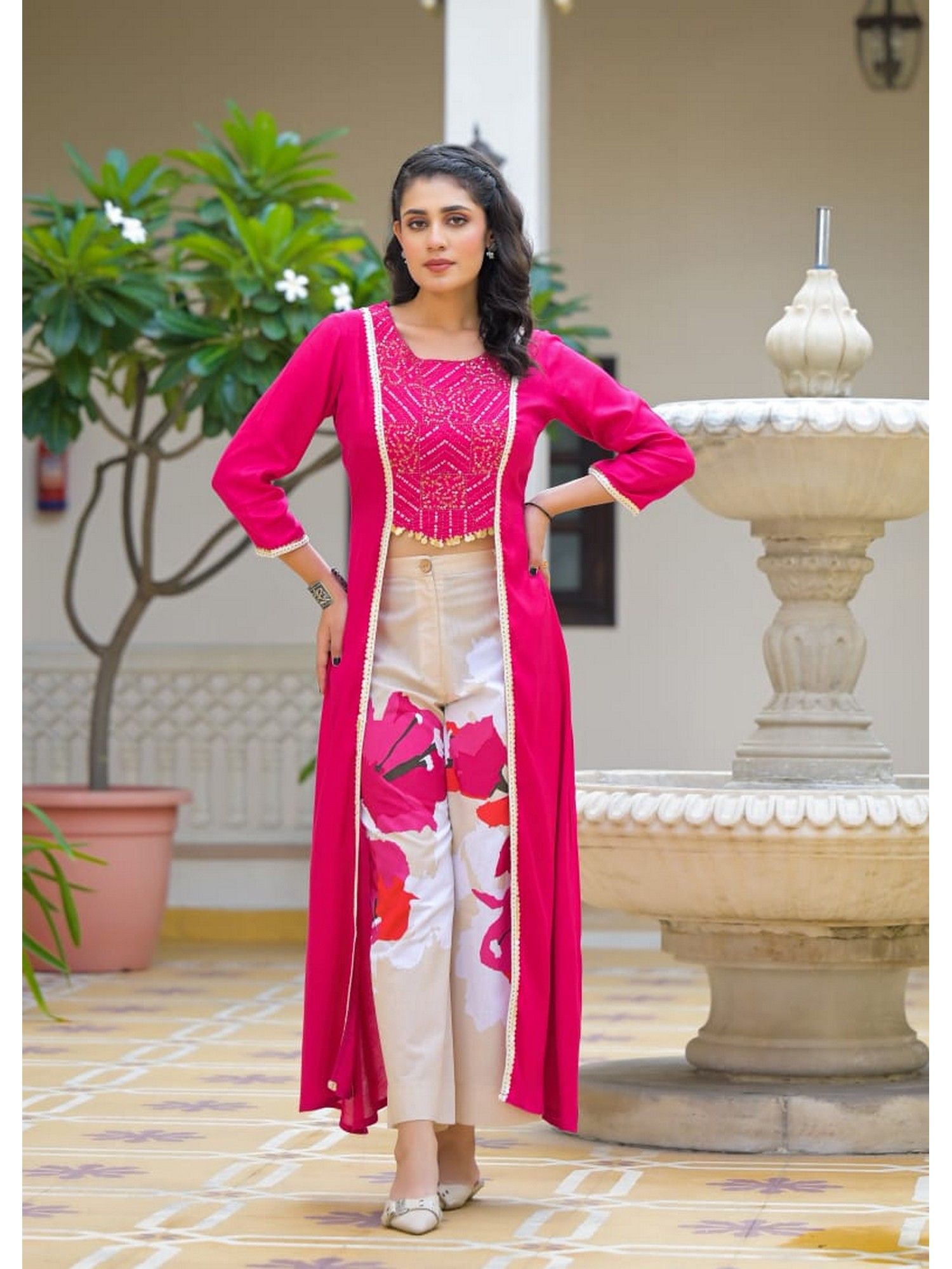 Floral Embroidered Layered Thread Work Kurta with Pant