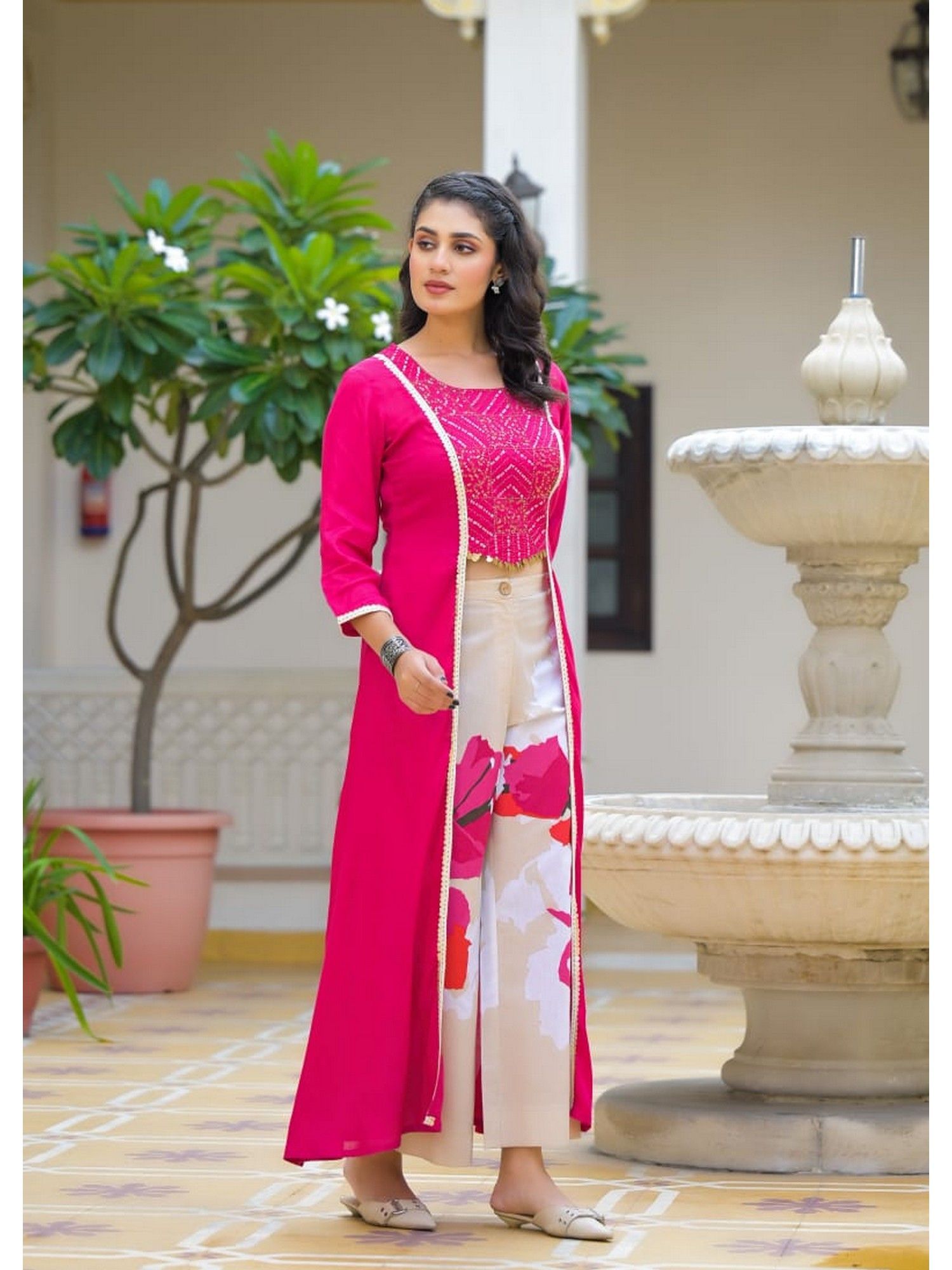 Floral Embroidered Layered Thread Work Kurta with Pant