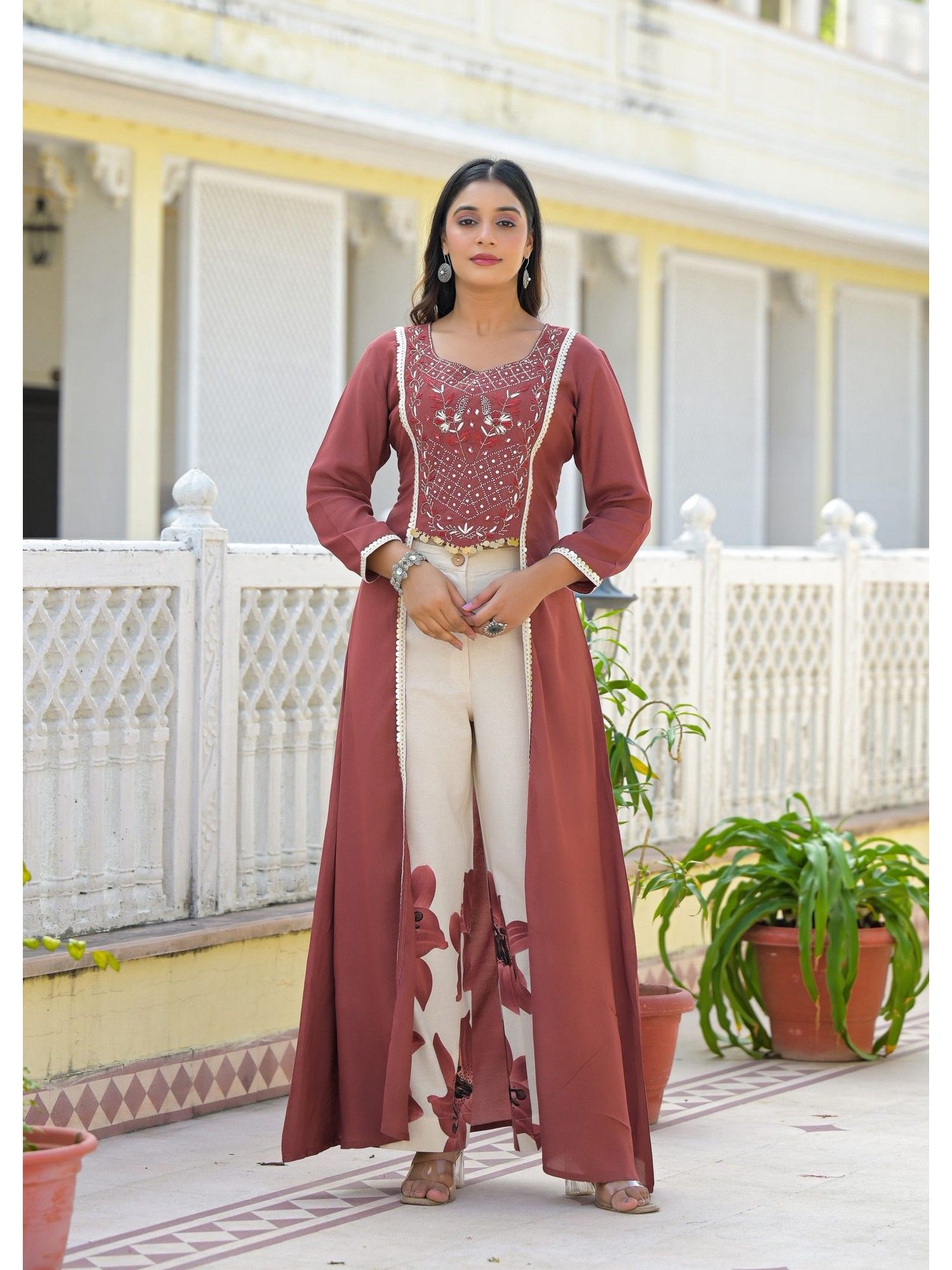 Floral Embroidered Panelled Mirror Work Pure Cotton Kurta with Pant