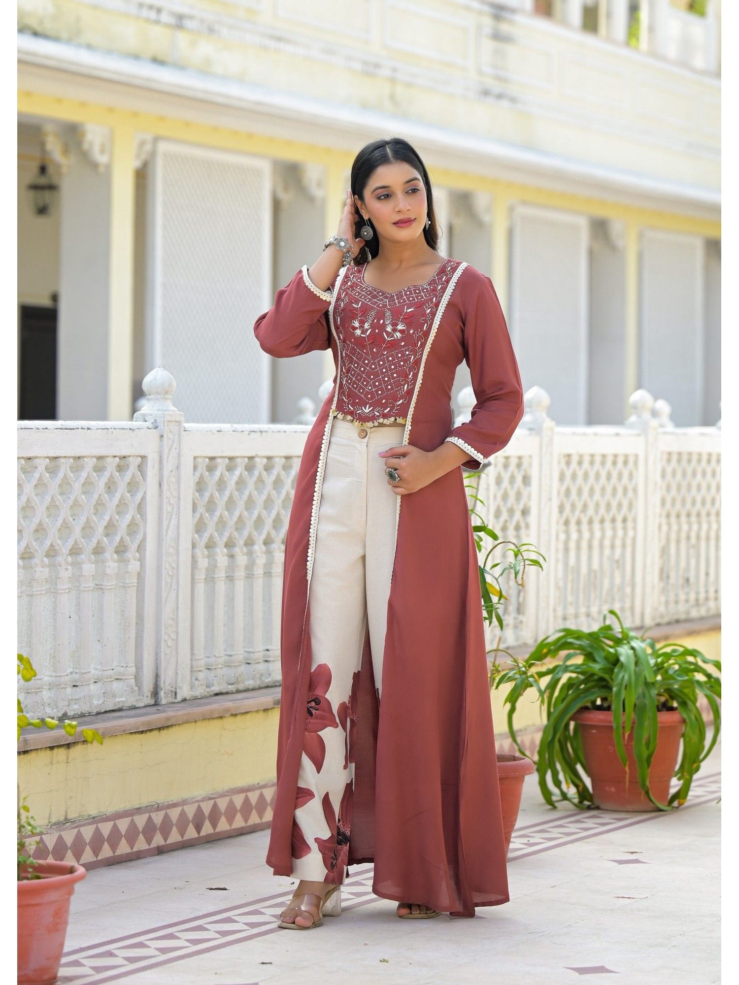 Floral Embroidered Panelled Mirror Work Pure Cotton Kurta with Pant