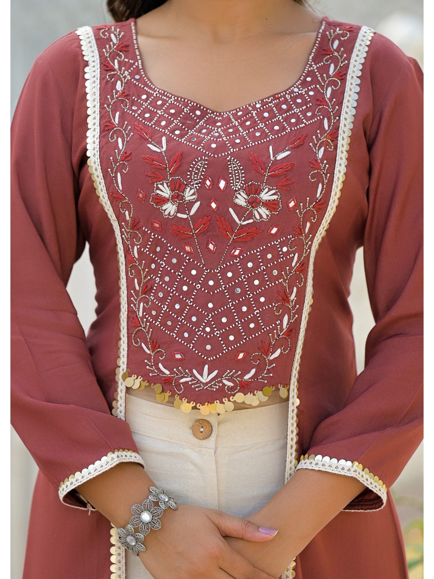 Floral Embroidered Panelled Mirror Work Pure Cotton Kurta with Pant