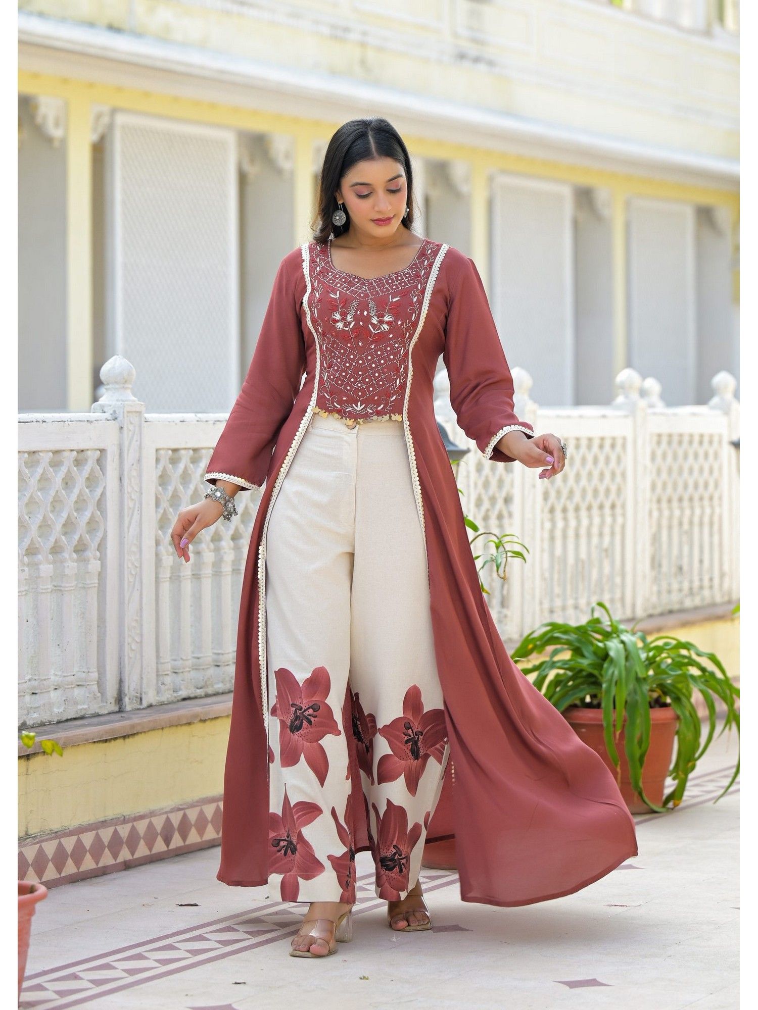 Floral Embroidered Panelled Mirror Work Pure Cotton Kurta with Pant