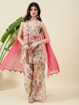 Aritri - Beige Floral Printed A-Line Kurta with Palazzo and Dupatta