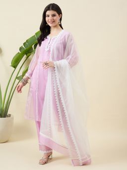 Aritri - Lavender Thread Work Organza Kurta With Pant and Dupatta