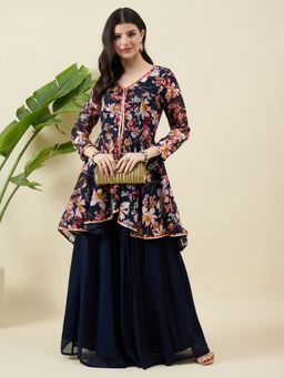Aritri - Navy Blue Floral Printed Regular Gotta Patti Kurta with Sharara