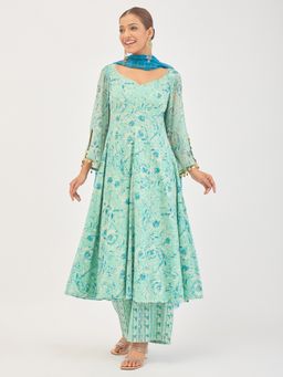 Aritri - Green Floral Printed Anarkali Kurta with Palazzo and Dupatta