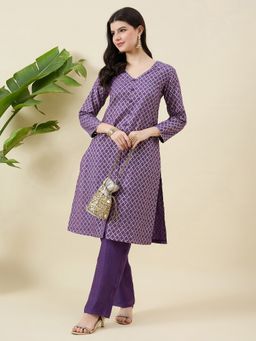 Aritri - Purple Woven Design V Neck Chanderi Silk Kurta with Pant