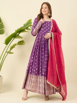 Aritri - Purple Woven Design Anarkali Kurta with Pant and Dupatta