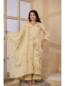 BAVARIA - Beige Cotton Embroidered Kurta and pant with Dupatta