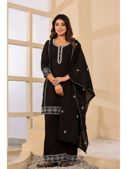BAVARIA - Black Cotton Embroidered Kurta and Palazzo with Dupatta