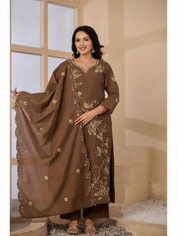 BAVARIA - Brown Cotton Embroidered Kurta and pant with Dupatta
