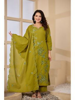 BAVARIA - Olive Cotton Embroidered Kurta and pant with Dupatta