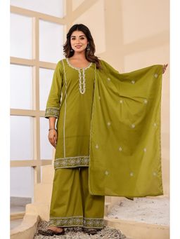BAVARIA - Olive Cotton Embroidered Kurta and Palazzo with Dupatta