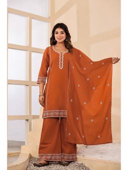 BAVARIA - Rust Cotton Embroidered Kurta and Palazzo with Dupatta