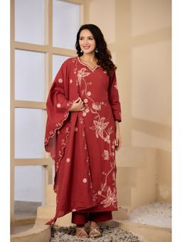 BAVARIA - Rust Cotton Embroidered Kurta and pant with Dupatta