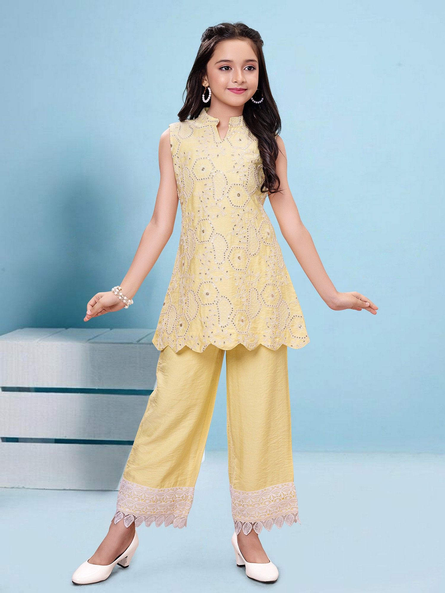 Yellow Woven Sleeveless Rayon Thread Embriodery Top with Palazzo