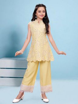 Mini Stitch - Yellow Woven Sleeveless Rayon Thread Embriodery Top with Palazzo
