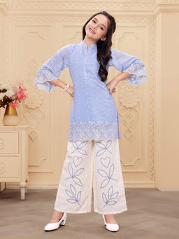 Mini Stitch - Blue Woven Rayon Thread Embriodery Top with Palazzo