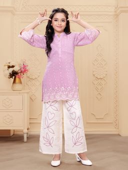 Mini Stitch - Pink Woven Rayon Thread Embroidery Top with Palazzo