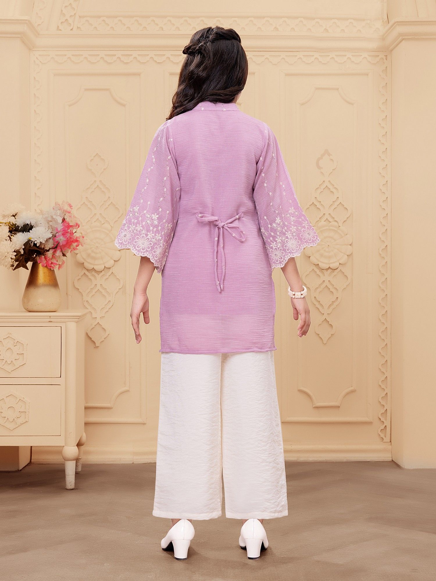 Pink Woven Rayon Thread Embriodery Top with Palazzo