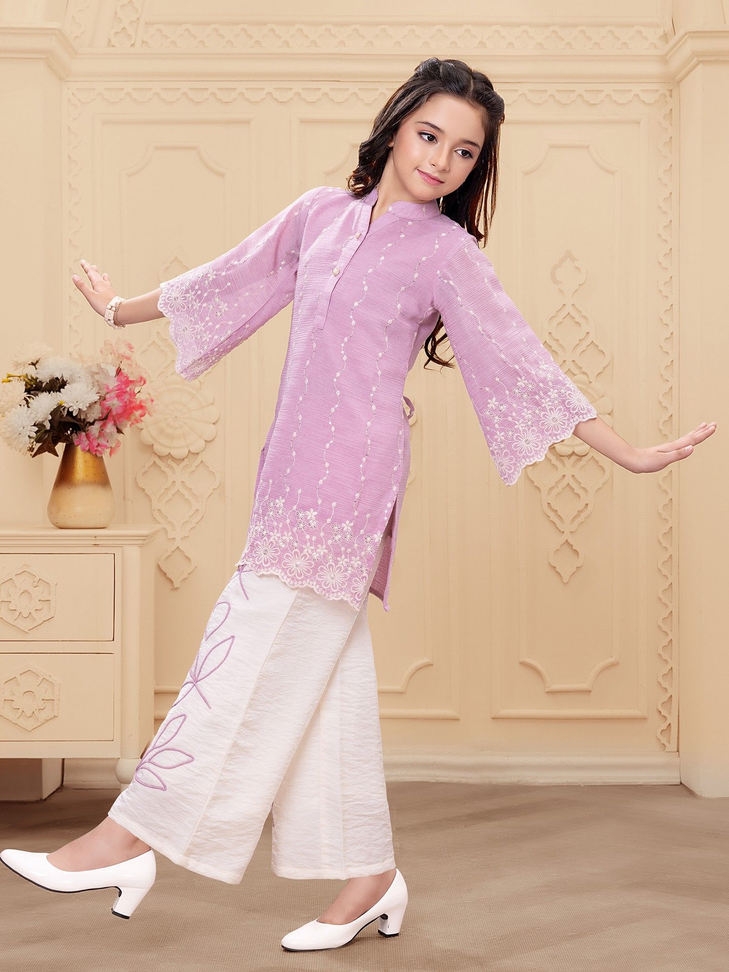 Pink Woven Rayon Thread Embriodery Top with Palazzo