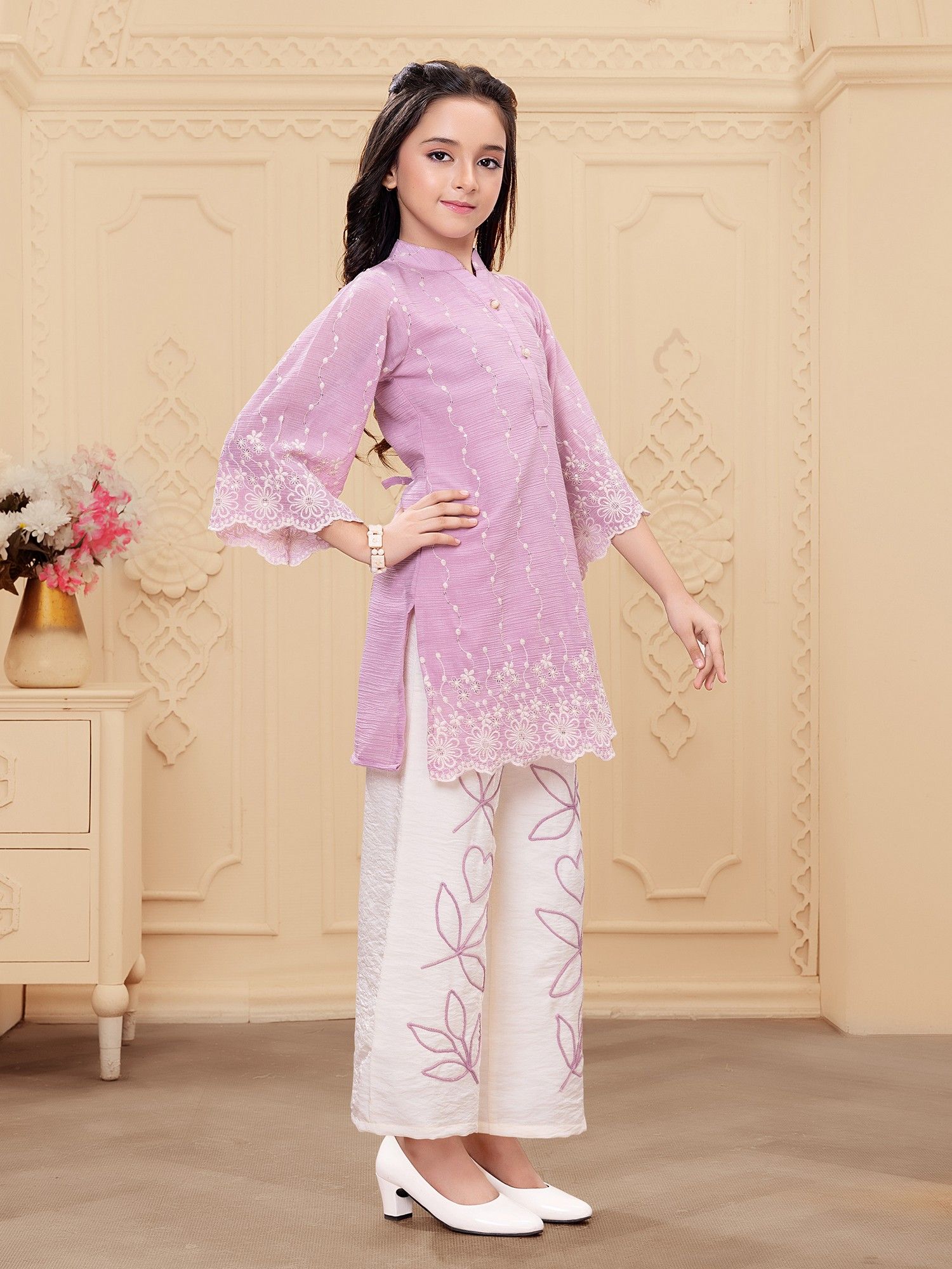 Pink Woven Rayon Thread Embriodery Top with Palazzo