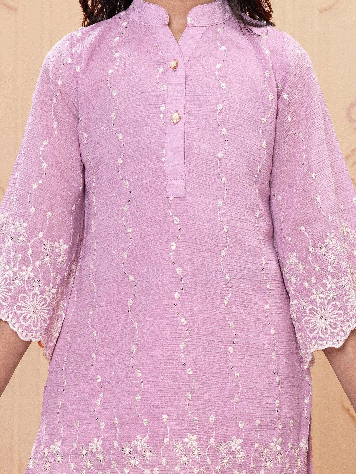 Pink Woven Rayon Thread Embriodery Top with Palazzo