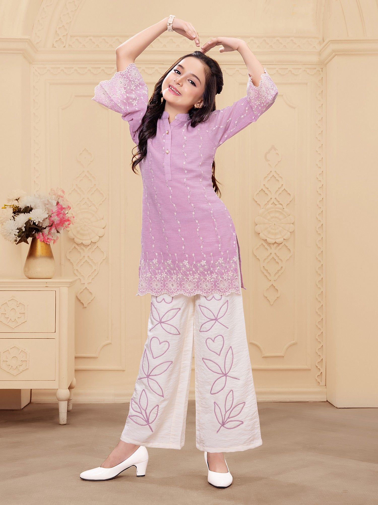 Pink Woven Rayon Thread Embriodery Top with Palazzo